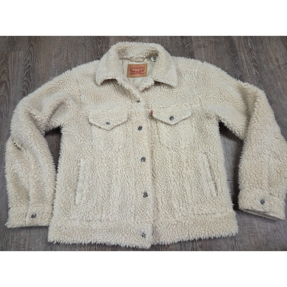 Levi's Premium Baby Bubble Sherpa Trucker Jacket Ivory Women's Small Coat - Picture 1 of 9